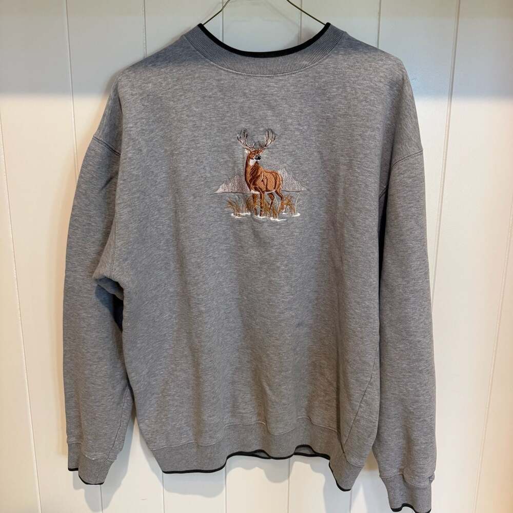 MC Sport Vintage Embroidered Deer Buck Crewneck Sweatshirt Gray Large